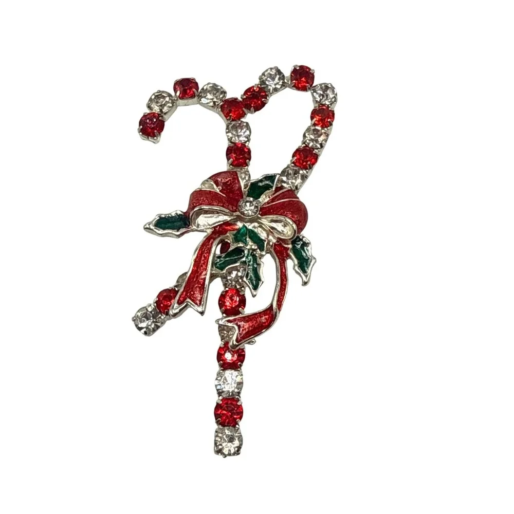 Vintage Christmas Candy Cane Brooch Silver Tone Red Clear Rhinestone Enamel‎ Pin